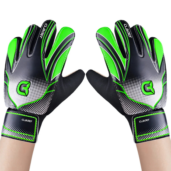 Pair of black and neon green non-slip soccer goalie gloves with double wrist protection