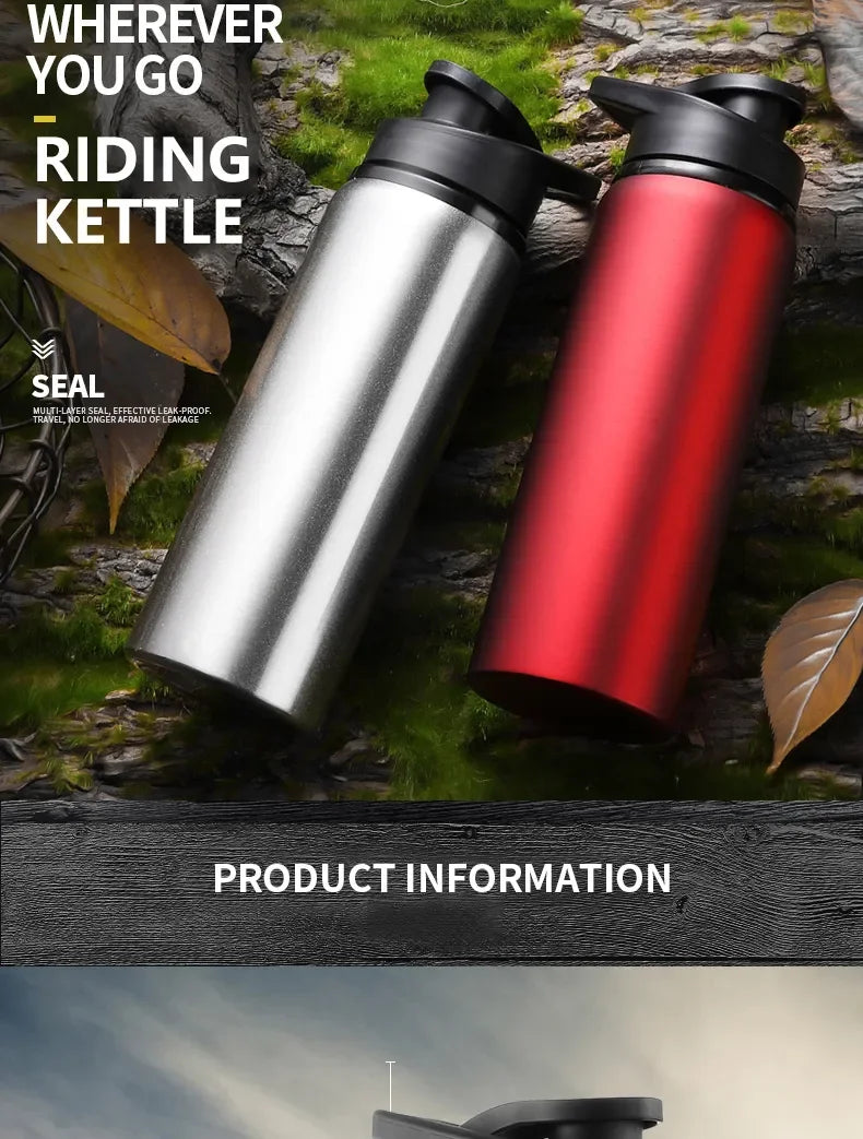 A silver and red leakproof aluminum portable kettle is shown outdoors on mossy ground.