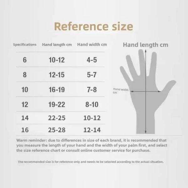 Reference size chart for boxing gloves showing hand measurements in centimeters.
