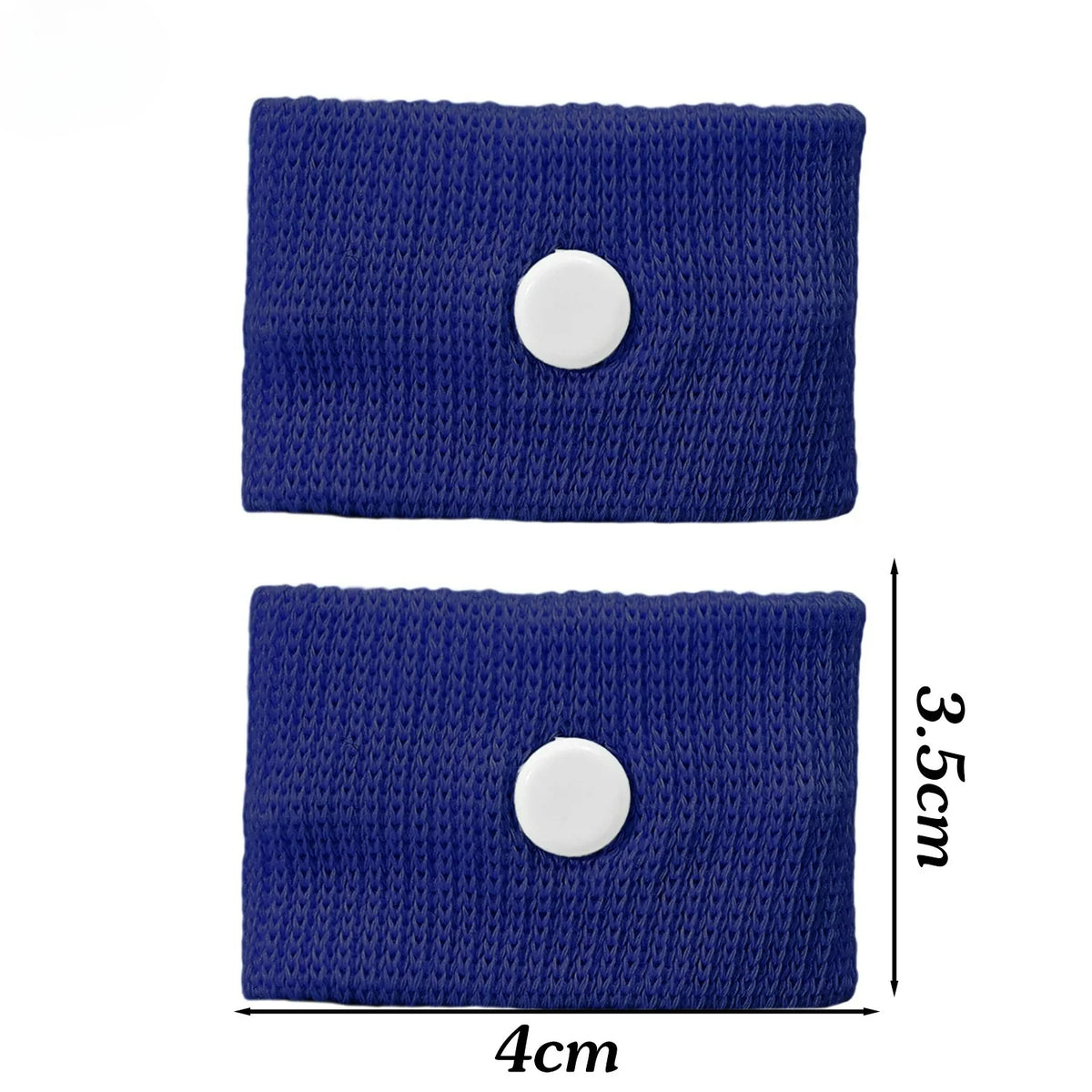 A pair of dark blue anti-nausea wristbands with a white stud, shown against a white background.