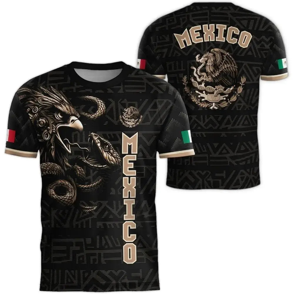 Black men's graphic t-shirt featuring a detailed illustration of a Mexican flag design.