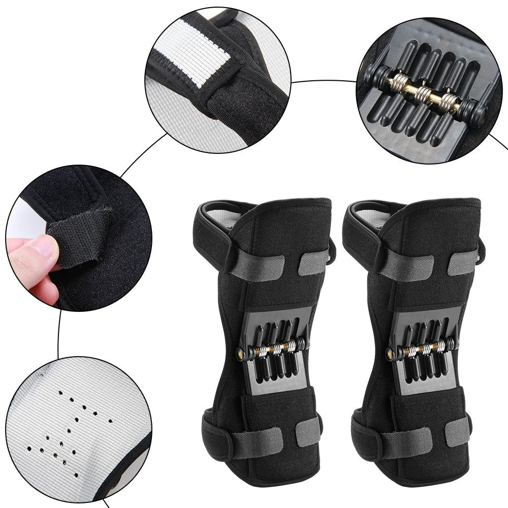 Black ergonomic knee protection booster pads shown in various views and usage context.