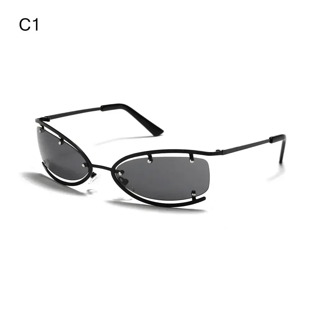 Black Y2K futuristic gradient sunglasses displayed against a white background.