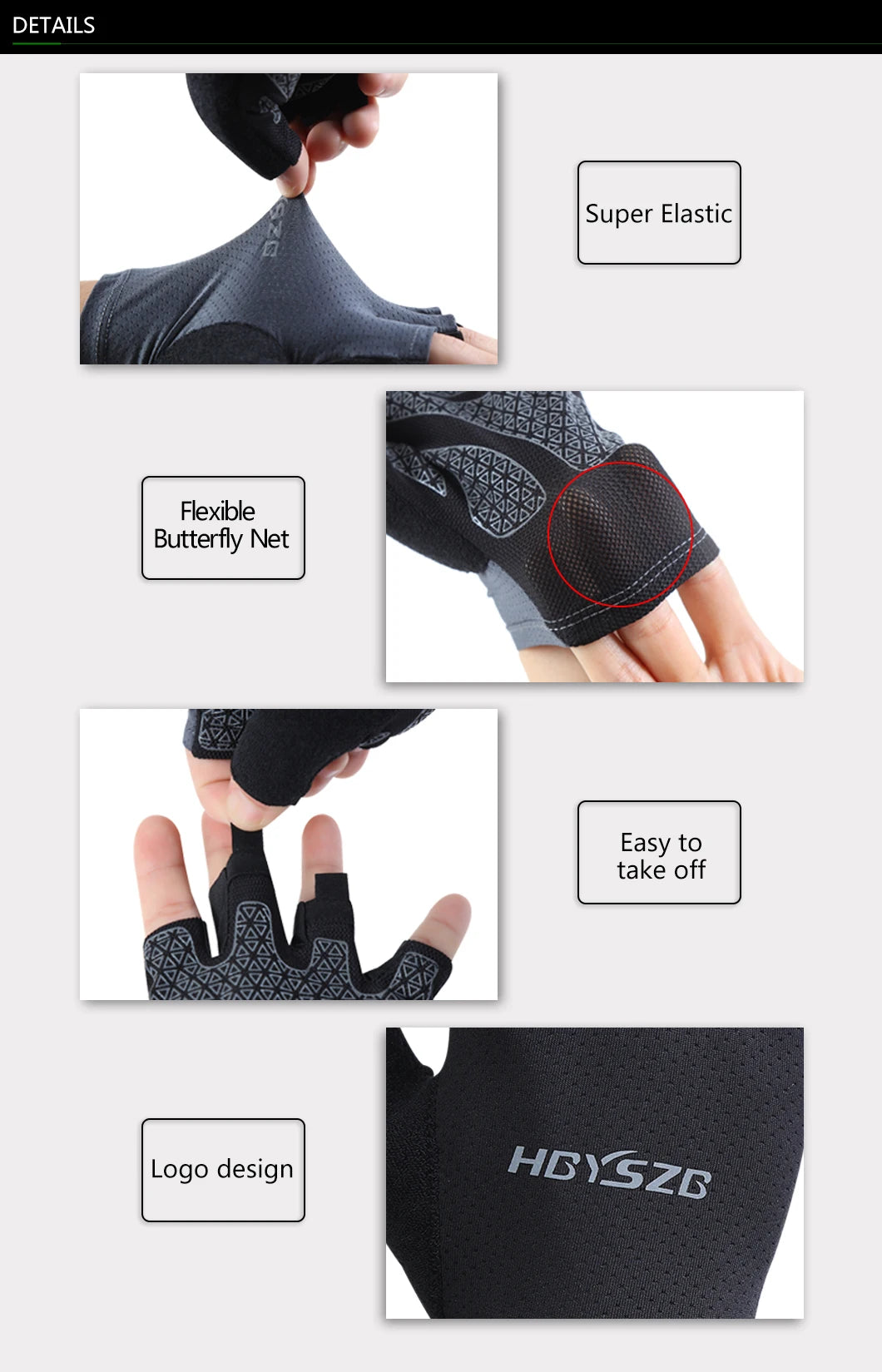 Close-up views of fingerless cycling and fitness gloves showing super elastic material, flexible butterfly net, easy removal,