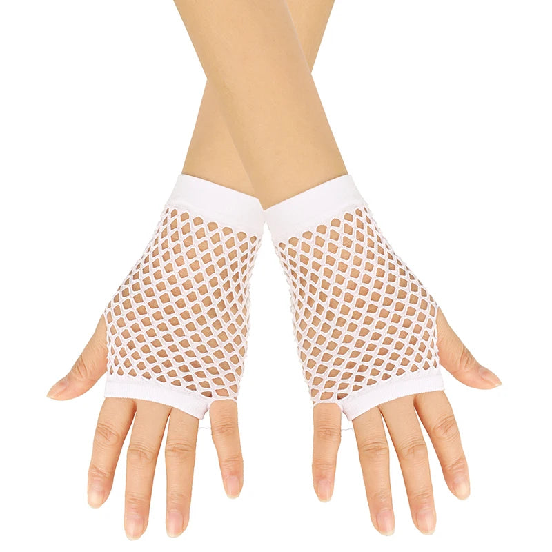 White mesh fingerless gloves worn on a hand, showing the netting pattern.