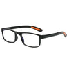 Black folding reading glasses with orange accents for anti-blue light protection