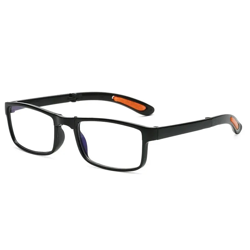 Black folding reading glasses with orange accents for anti-blue light protection