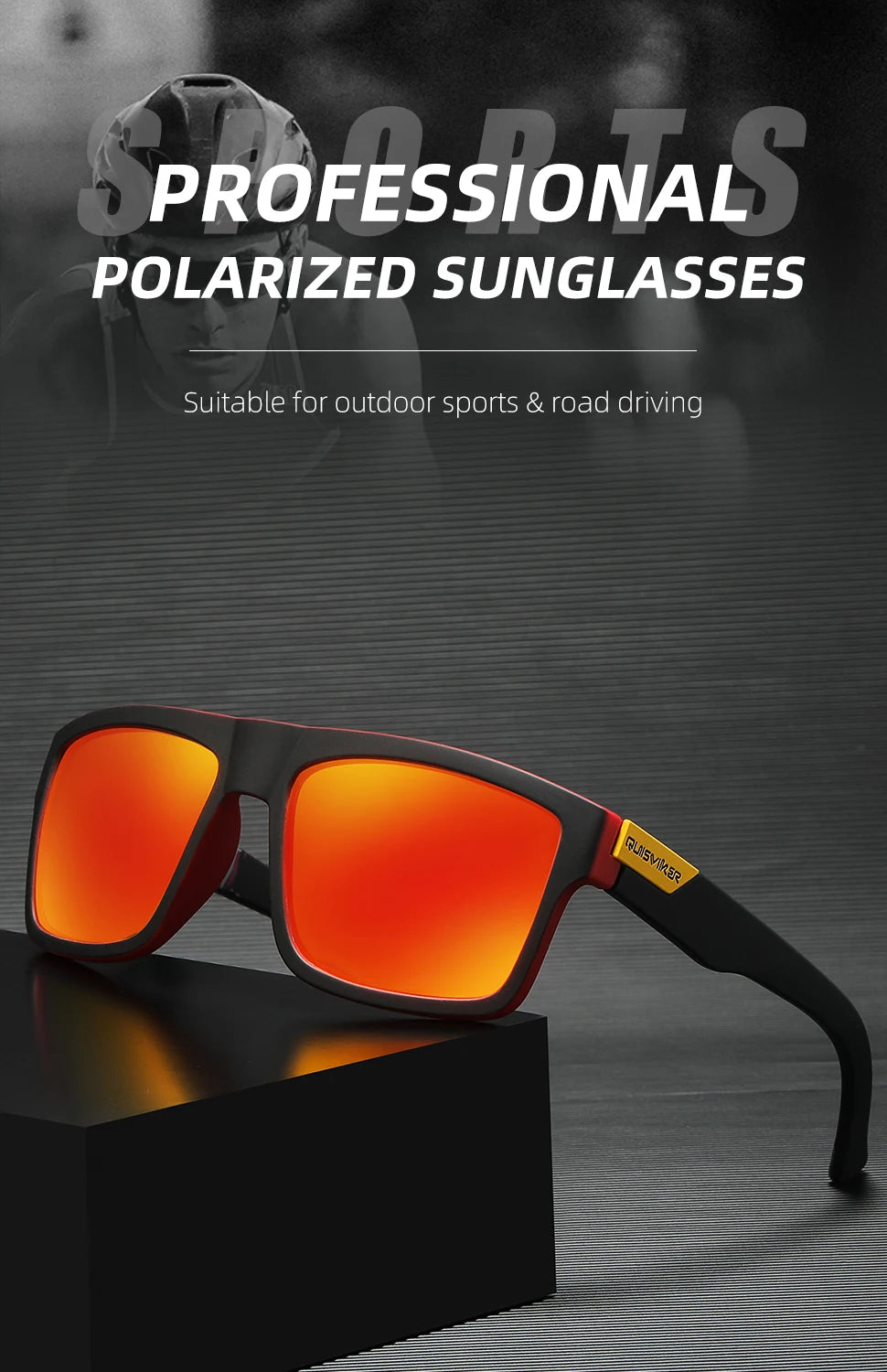 Un par de gafas de sol polarizadas con tinte naranja apoyadas sobre una superficie oscura.