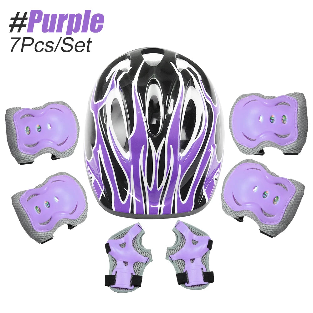 Purple multi-sport protective gear set for kids including a helmet and pads