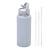 A light gray stainless steel vacuum flask water bottle with a hinged lid and an attached metal straw.