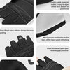 Black and white heavy-duty weightlifting grips showing various features like sweat evaporation, easy release, and padded palm