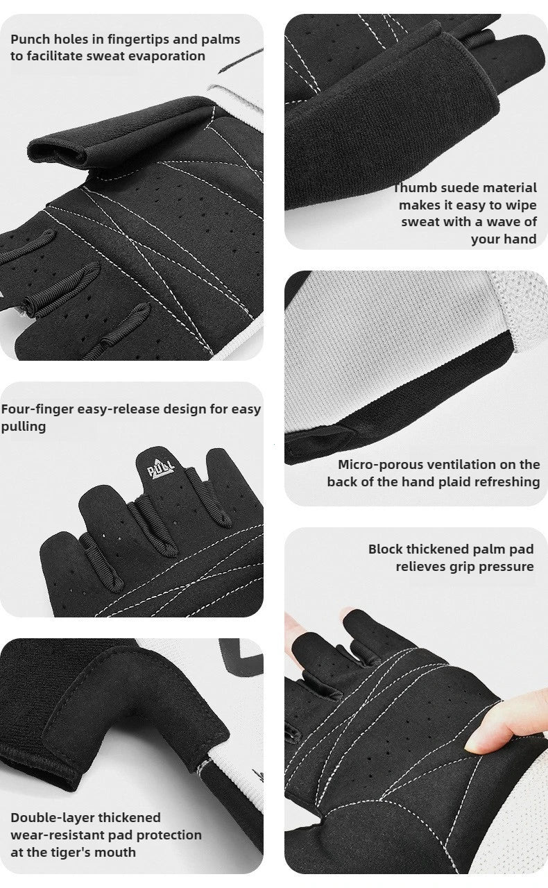Black and white heavy-duty weightlifting grips showing various features like sweat evaporation, easy release, and padded palm