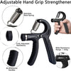 A black adjustable hand grip strengthener tool showing various components and usage angles.