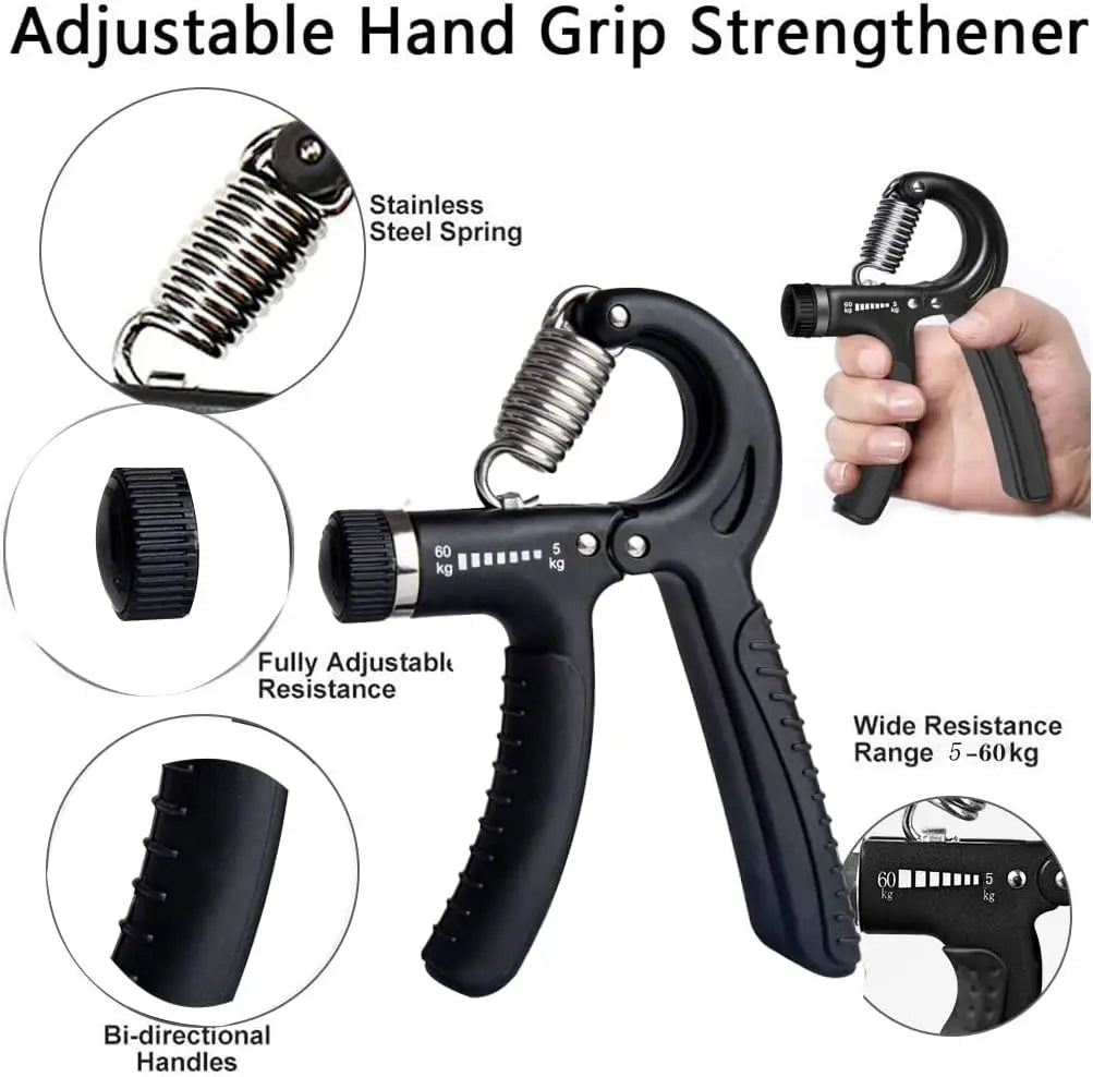 A black adjustable hand grip strengthener tool showing various components and usage angles.