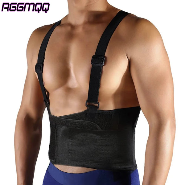 Un homme musclé portant une ceinture de soutien lombaire noire robuste avec sangles réglables sur son dos.