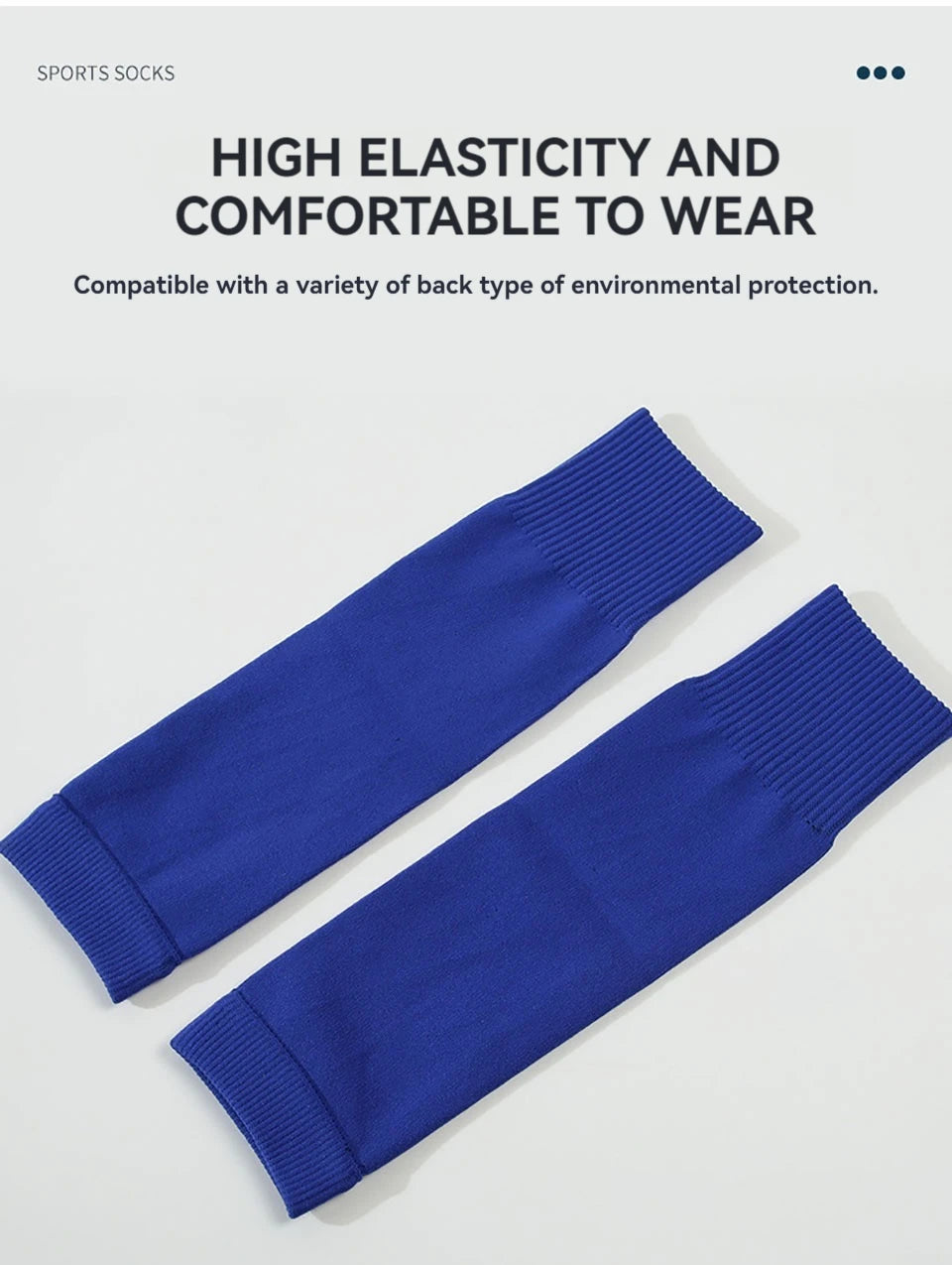 A pair of royal blue sports socks shown flat, highlighting high elasticity and comfort for environmental protection.