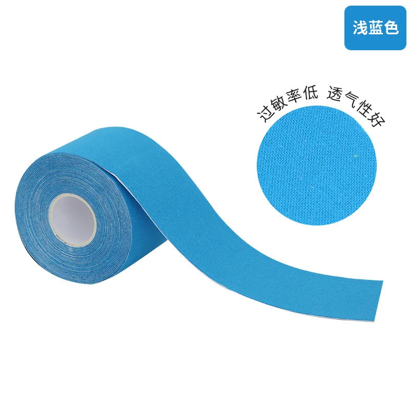 Roll of blue kinesiology tape for facial lifting and wrinkle reduction with a circular swatch showing good elasticity