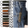 A collection of multi-tool keychains featuring various colored cord wraps and metal clasps attached to denim fabric.