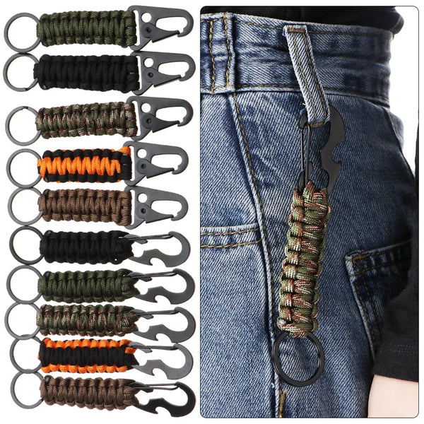 A collection of multi-tool keychains featuring various colored cord wraps and metal clasps attached to denim fabric.