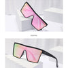 Black and pink retro square sunglasses displayed on a white pedestal.