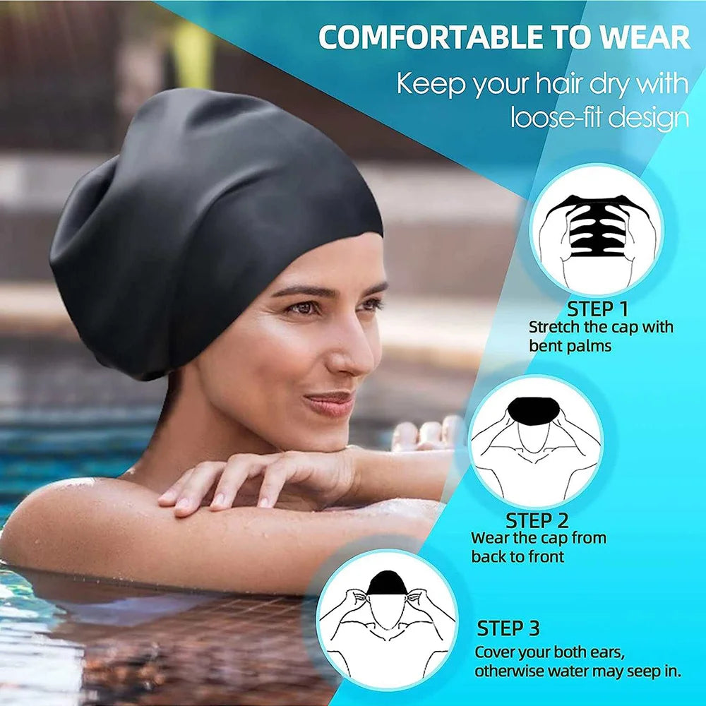 A woman wearing a black silicone swimming cap, demonstrating how to put it on and covering her ears.