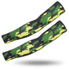 A pair of olive green and yellow camouflage arm sleeves stretched out against a white background.
