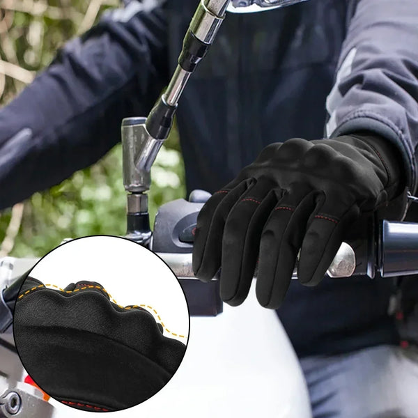 Close-up of black thermal windproof outdoor gloves being used to operate a device.