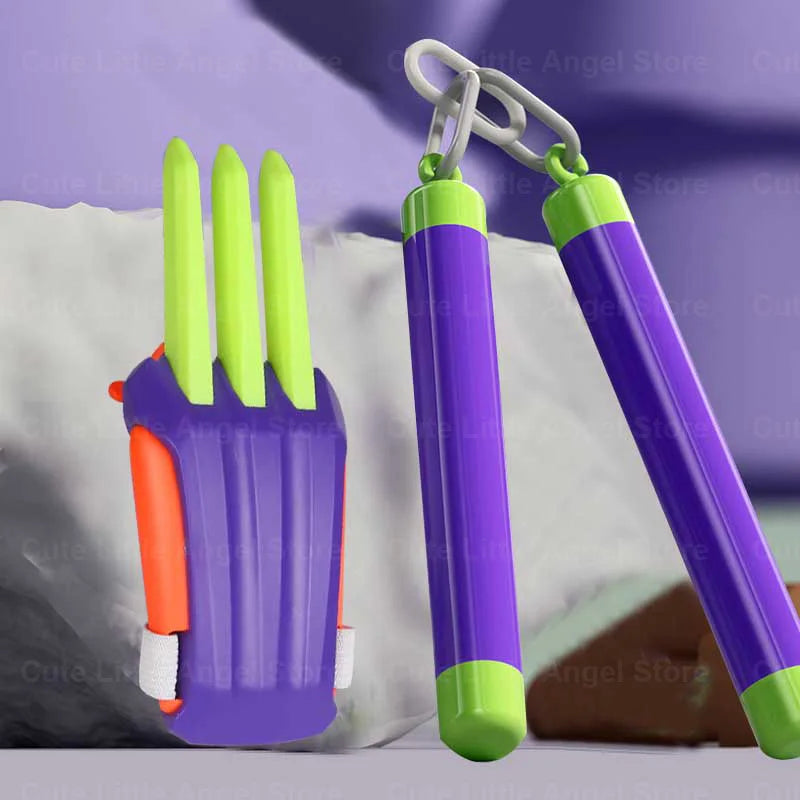 A purple carrot-shaped fidget toy with green accents is shown next to a white rock.