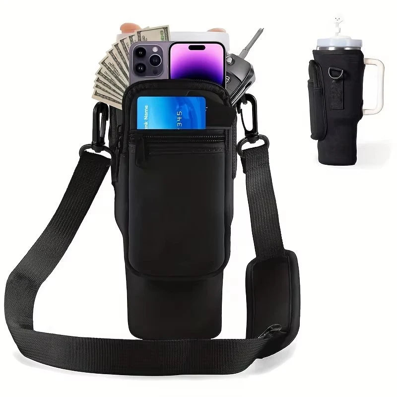 Black adjustable carrier bag for a water bottle and phone, featuring multiple compartments and a strap.