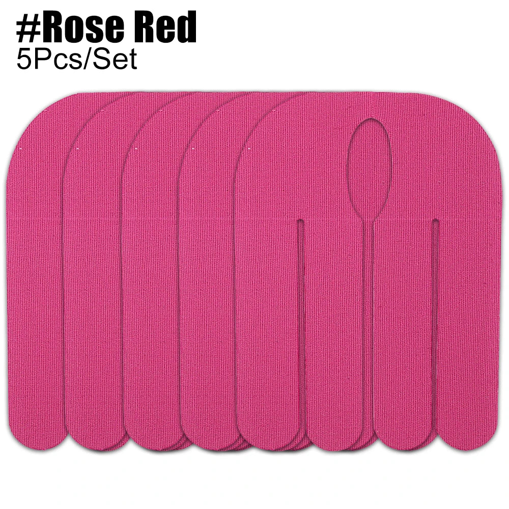 A set of five bright pink kinesiology tapes for sports recovery.