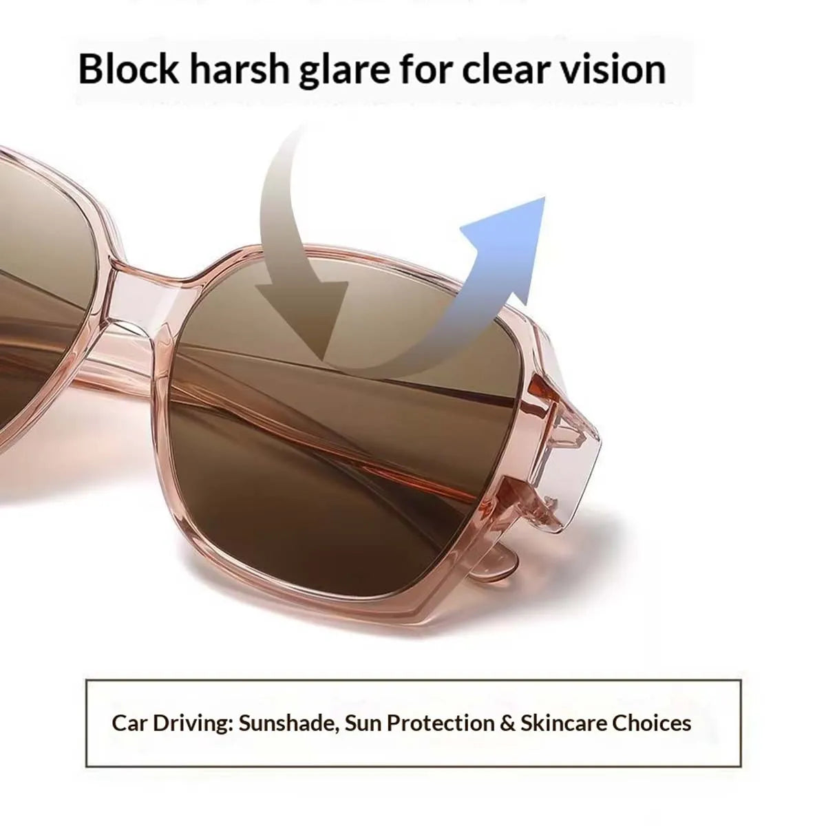 Close-up of pink wrap-around sunglasses demonstrating glare blocking for clear vision.