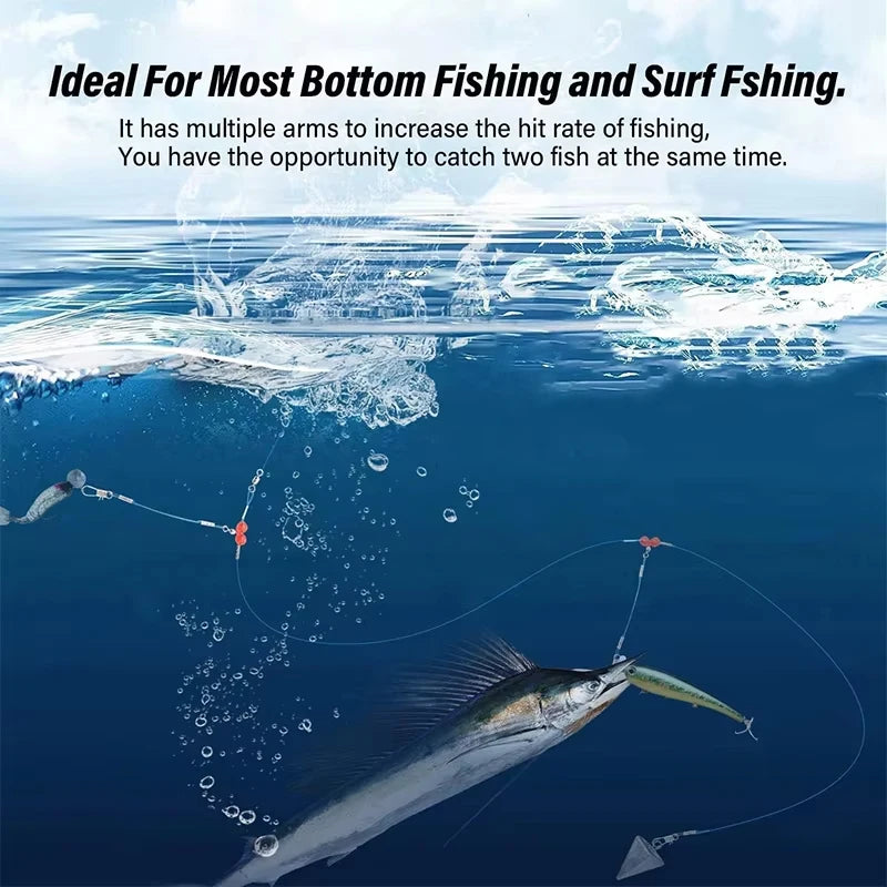 A saltwater fishing rig with multiple arms is shown catching a fish underwater.