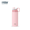 A pink insulated stainless steel water bottle with a light colored lid is shown against a white background.
