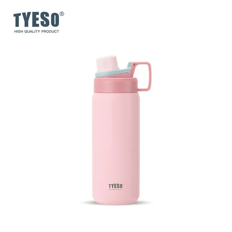 A pink insulated stainless steel water bottle with a light colored lid is shown against a white background.