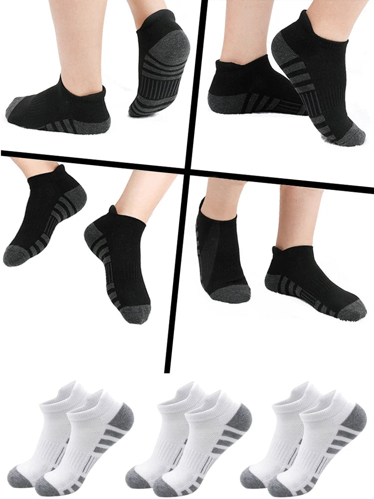 A collection of black and gray athletic running socks for men and women shown in various angles.