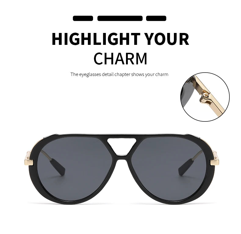 Black vintage oversized designer sunglasses shown with a close-up detail of the frame.