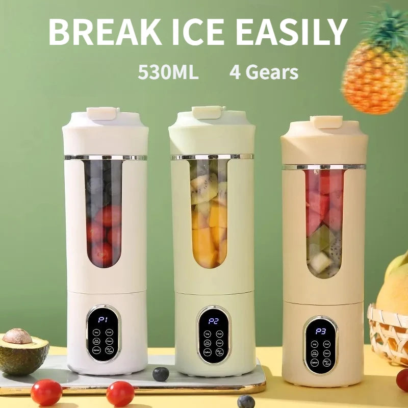 Three white portable electric juicers with clear containers and gears are displayed on a light surface.