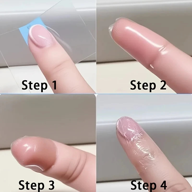 Four steps demonstrating the application of transparent self-adhesive finger protection tape on a finger.