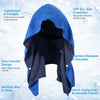 A blue cooling sports headscarf shown folded and unfolded, highlighting its lightweight design and features.