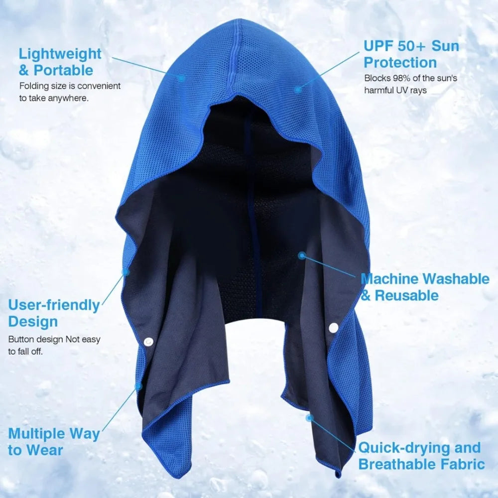 A blue cooling sports headscarf shown folded and unfolded, highlighting its lightweight design and features.