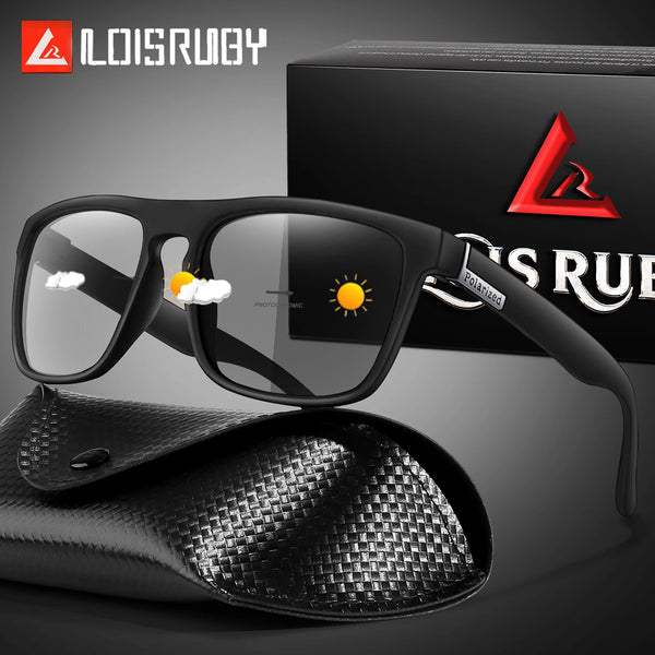 A pair of black photochromic square sunglasses resting on a black textured leather case with a black box in the background.
