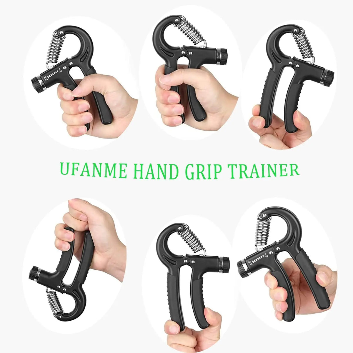 Various angles show a black hand grip trainer used for strengthening forearm and finger muscles.