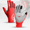 A pair of red and grey professional grade cycling riding gloves shown against a blurred outdoor background.