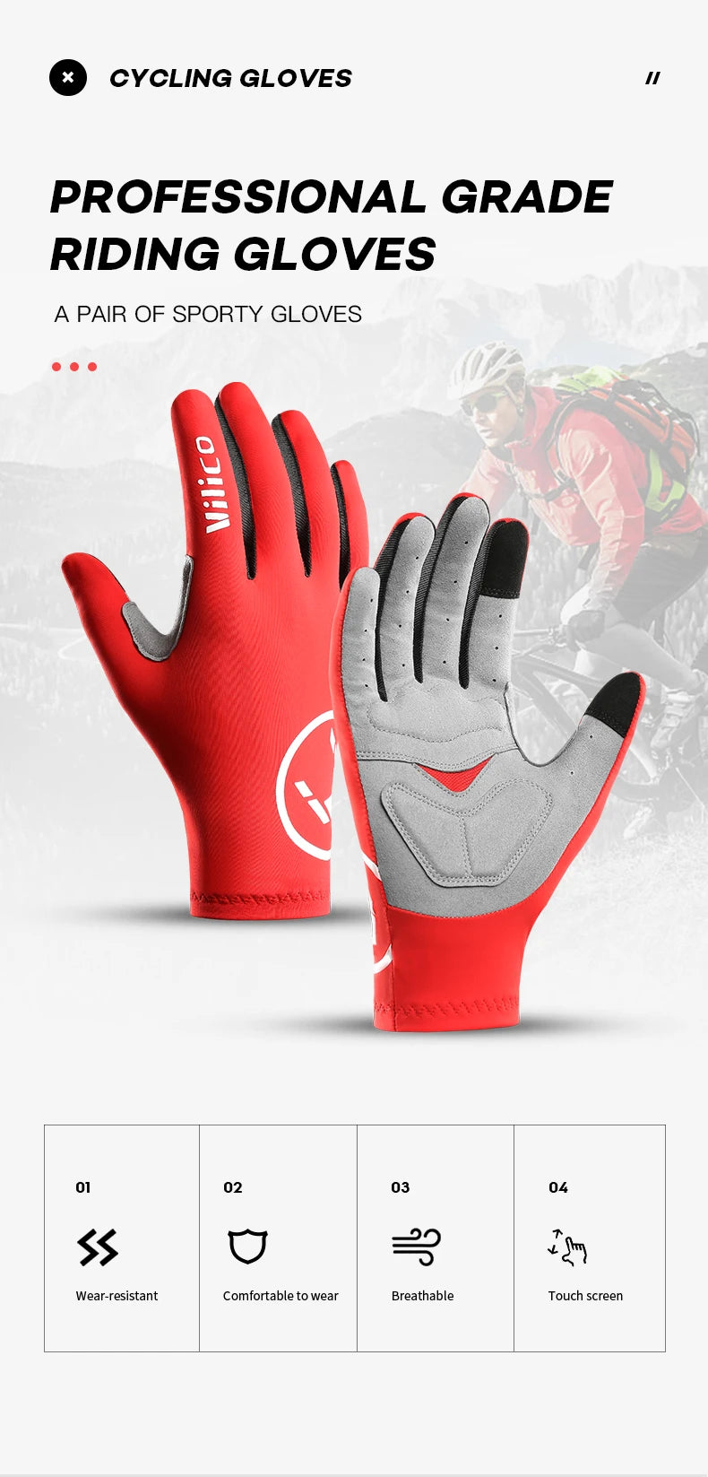 A pair of red and grey professional grade cycling riding gloves shown against a blurred outdoor background.