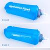 A blue hydration flask or sports water bottle shown from the front, back, and side views.
