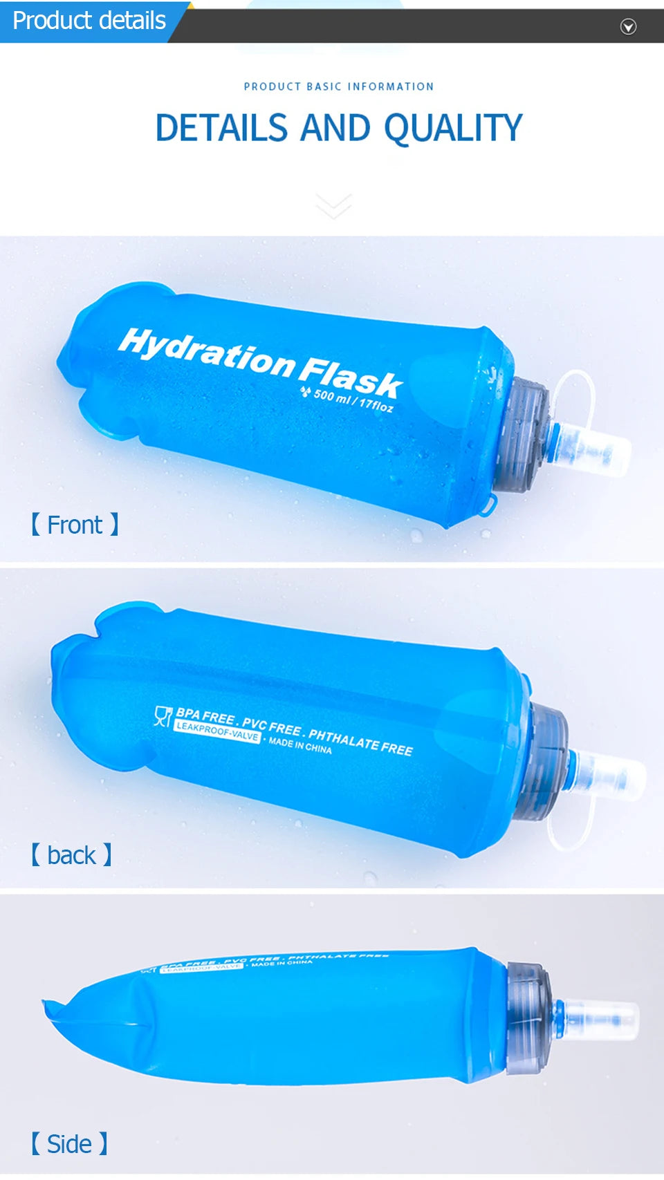 A blue hydration flask or sports water bottle shown from the front, back, and side views.