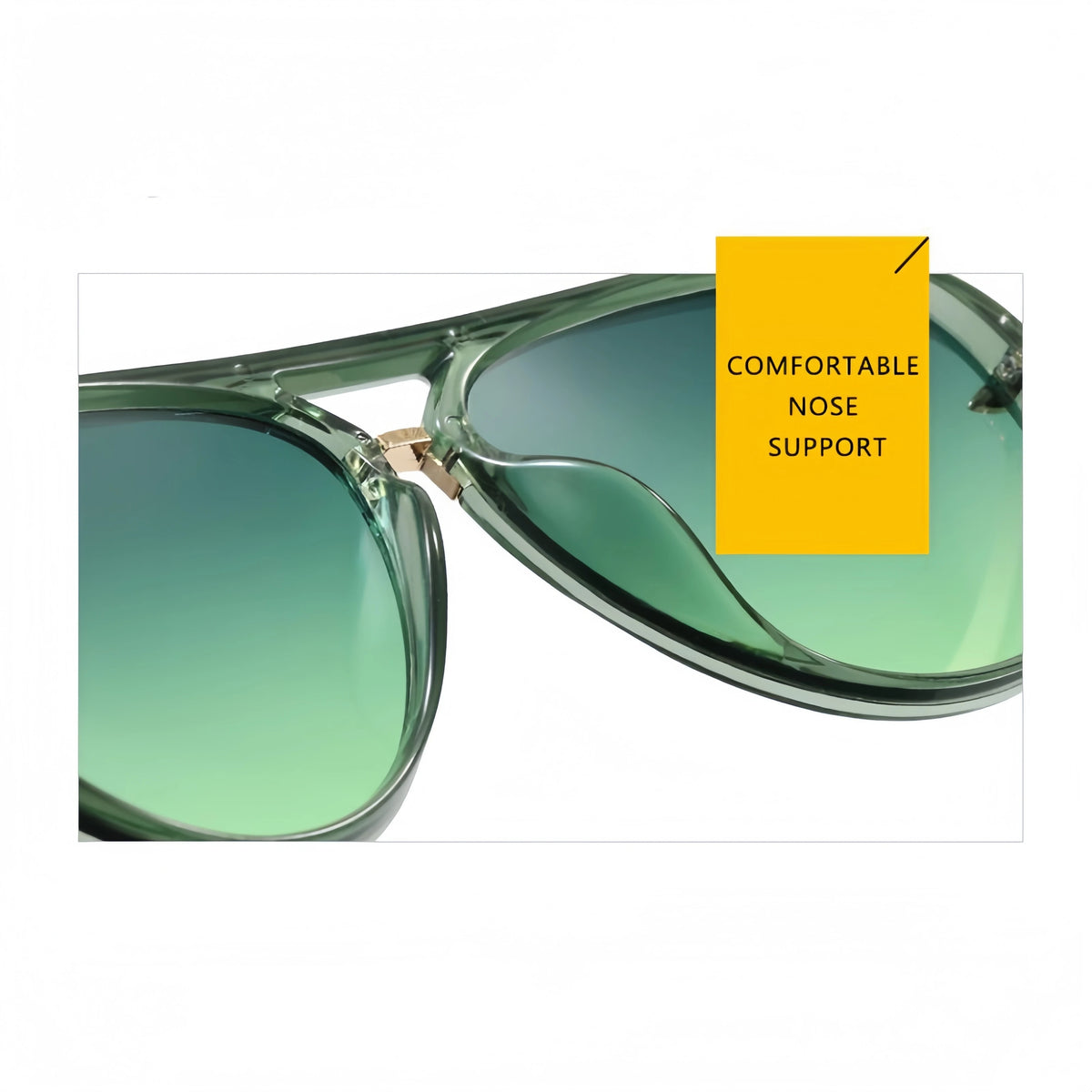 A pair of green-tinted aviator sunglasses with a double bridge and nose support feature.
