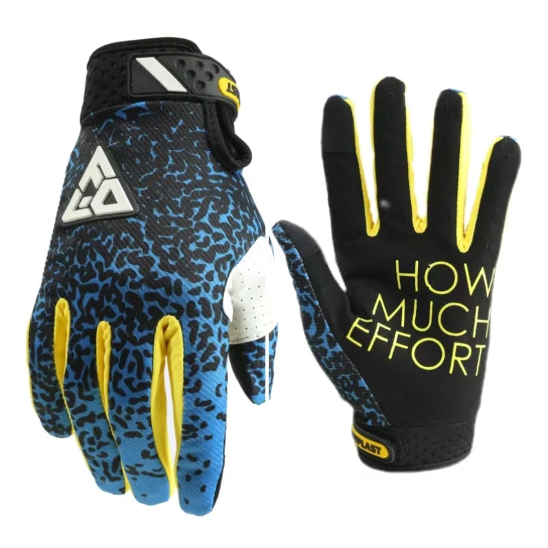 A pair of full finger motocross motorcycle gloves in blue and black with yellow accents.