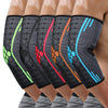 Black compression sleeve elbow support for muscle recovery worn on the arm