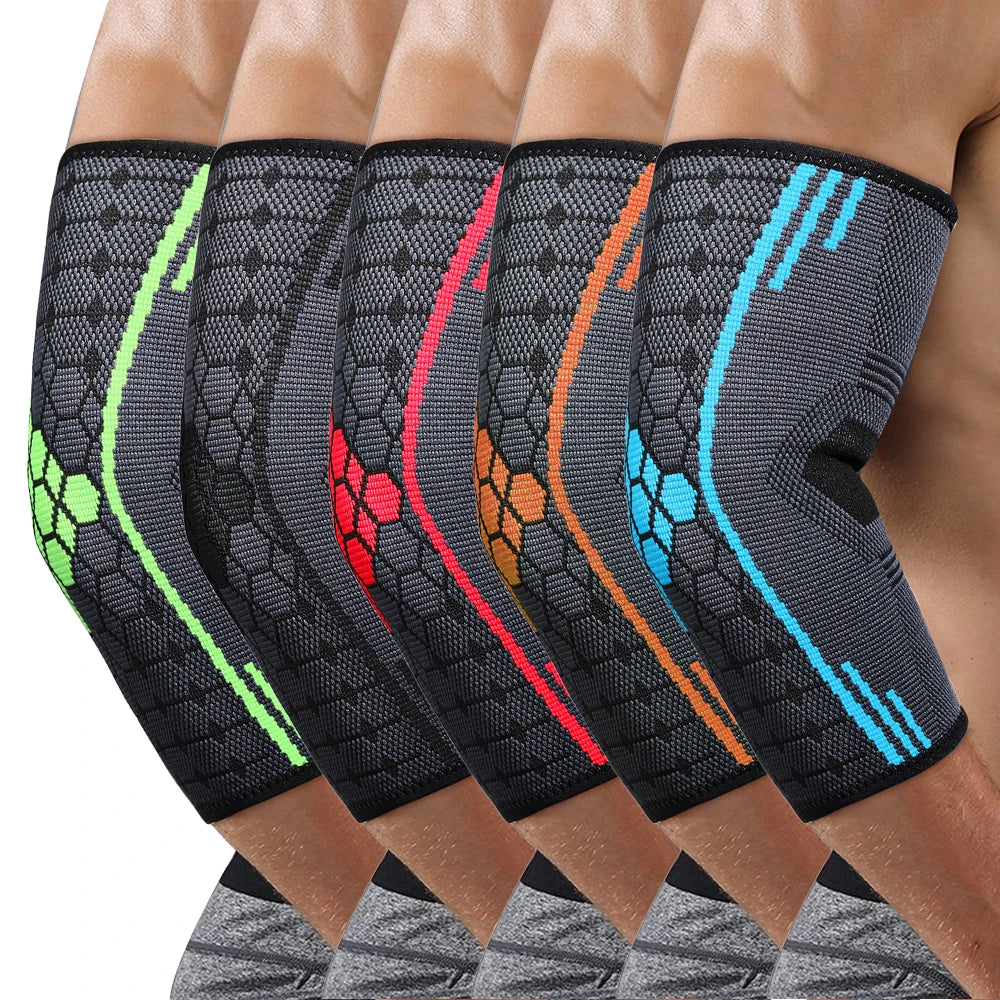 Black compression sleeve elbow support for muscle recovery worn on the arm